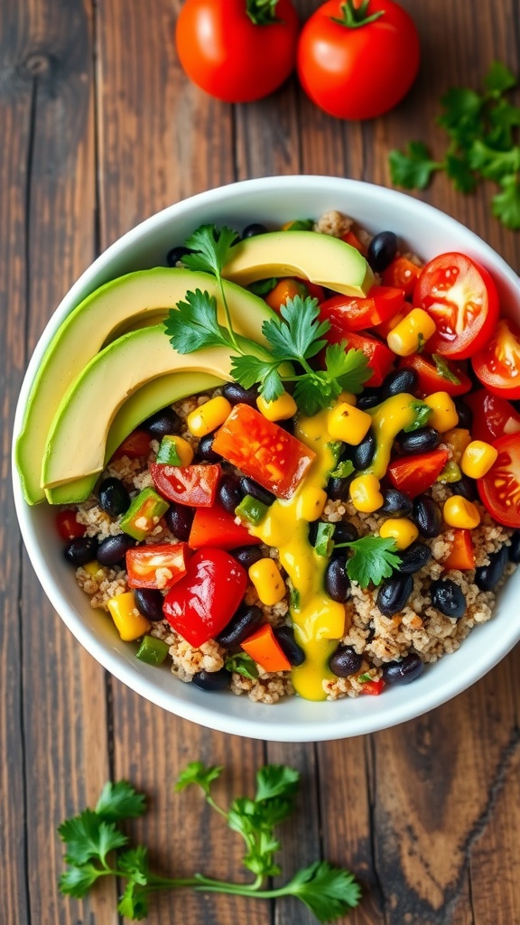 A colorful quinoa and black bean bowl topped with vegetables and avocado, garnished with cilantro.